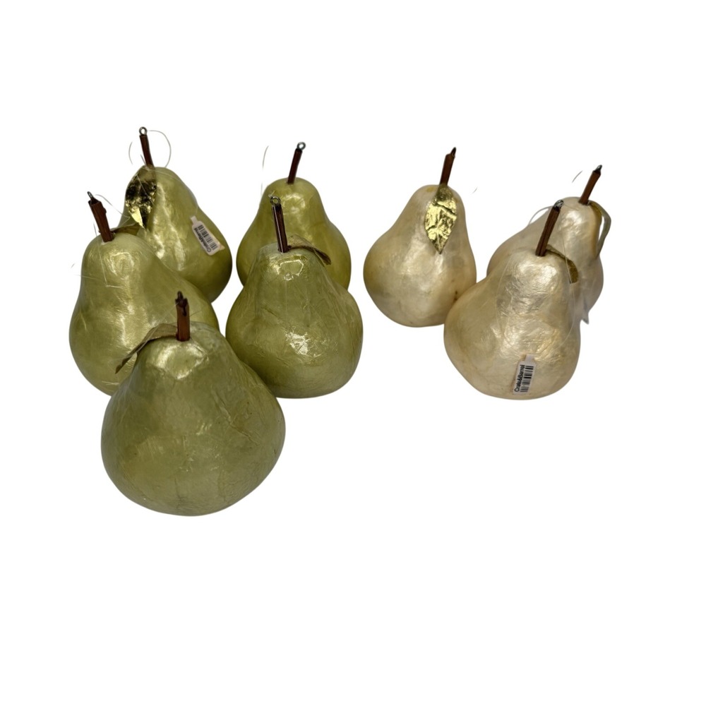 Crate & Barrel Capiz Pear Ornaments Set of 8 Green White Christmas Decor Lot